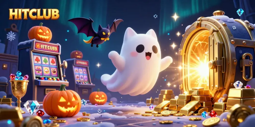 Engage with HITCLUB's thrilling casino experience featuring a ghost cat and treasures in a vibrant scene.