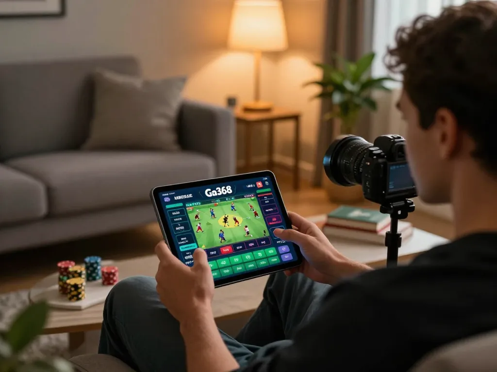 Engaging with Ga368 app for live betting in a cozy home setting, illustrating responsible online gambling.