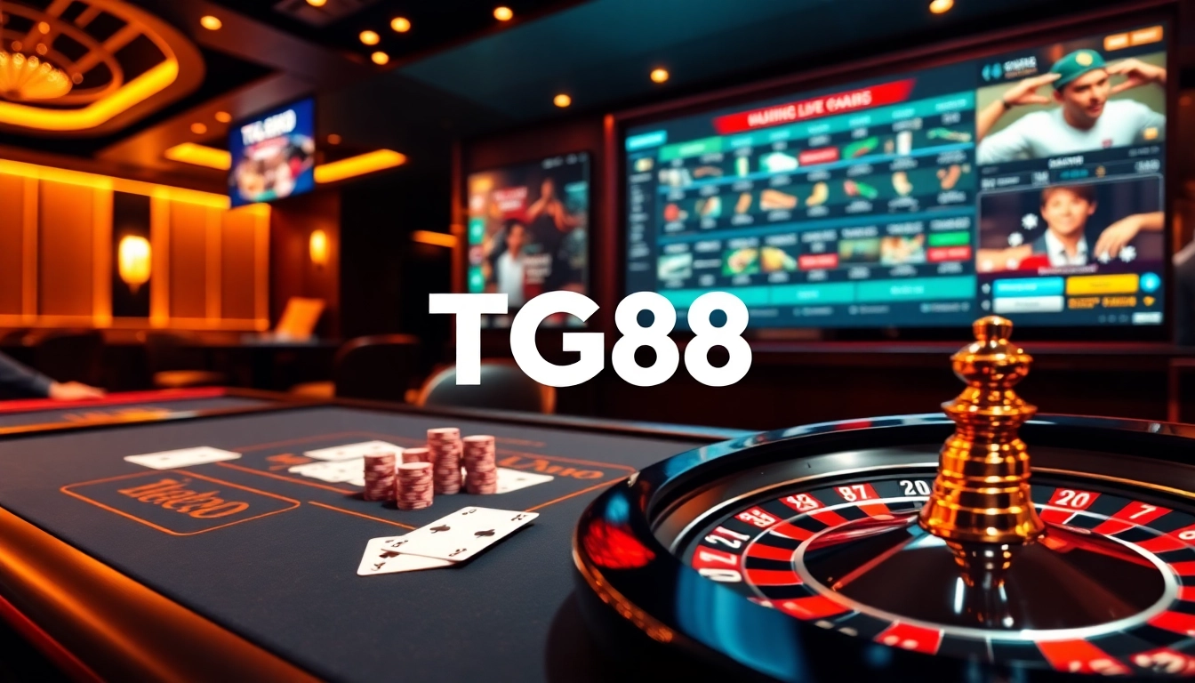 Engage with TG88 đăng nhập at a vibrant casino table filled with poker chips, cards, and a roulette wheel.