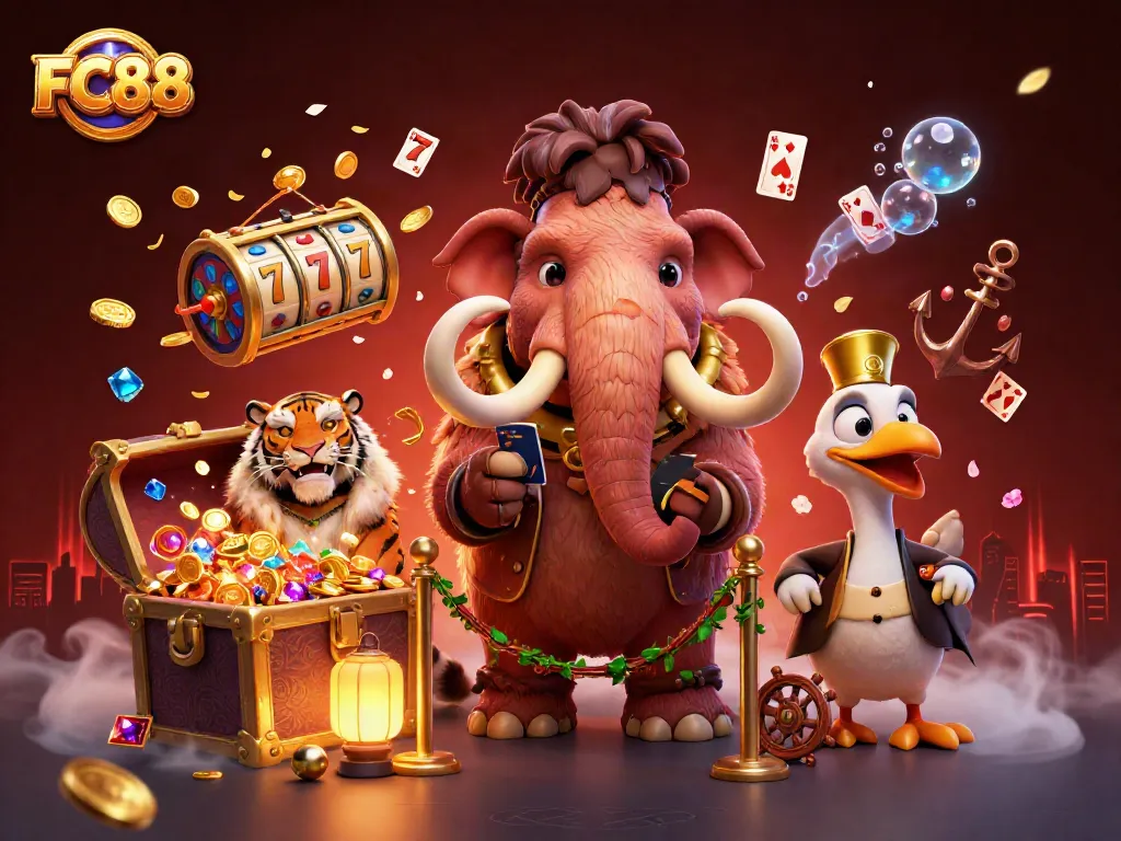 Engage in thrilling games at FC88 with a vibrant scene featuring a woolly mammoth bouncer and colorful game elements.
