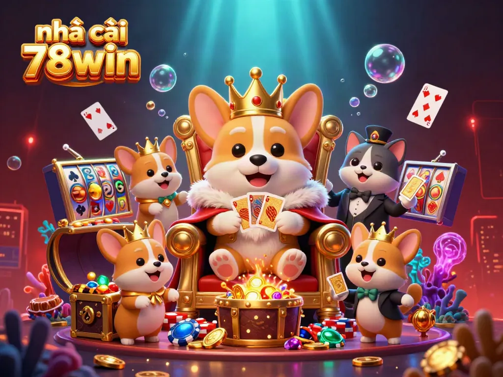 Experience the vibrant energy of the nhà cái 78win with a royal corgi sitting on a throne of poker chips and treasure.