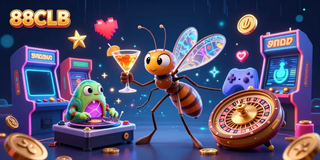 Experience the excitement of 88CLB in a vibrant casino-themed illustration featuring unique characters and gaming elements.