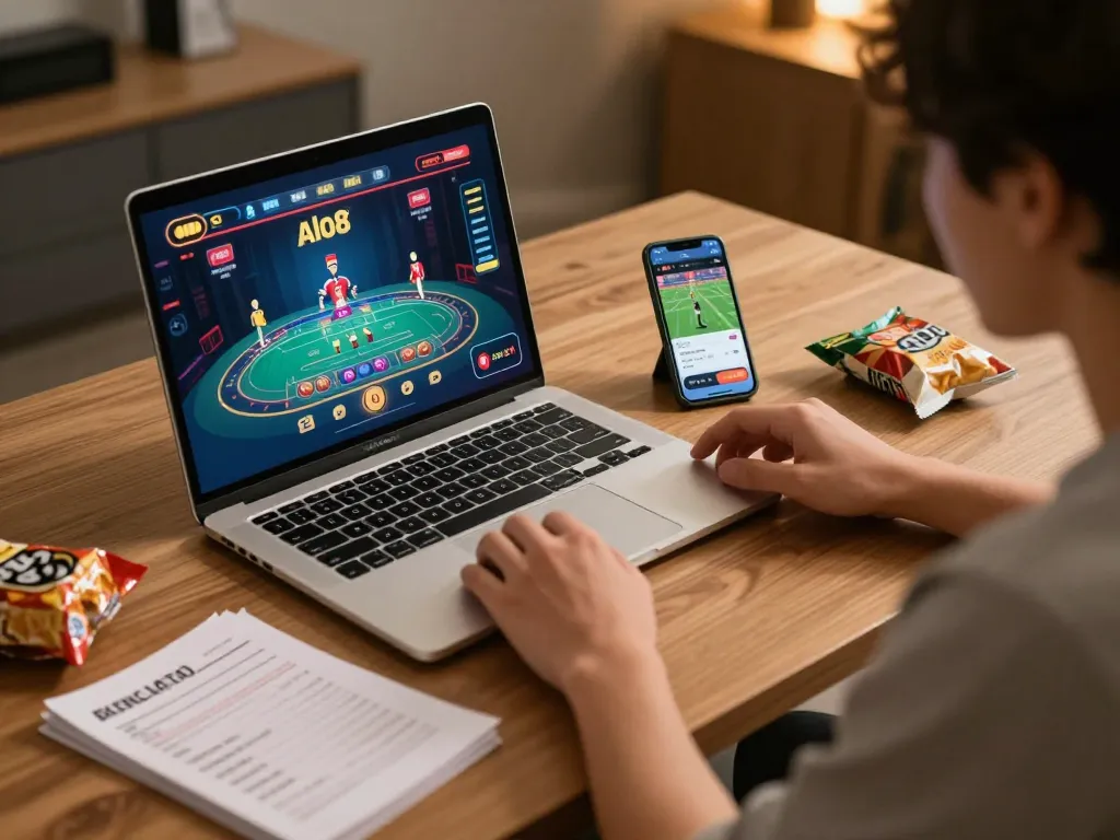 Player enjoying live dealer games on alo8 with a laptop and smartphone, embodying online gaming strategy.