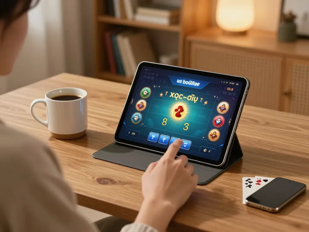 Xóc đĩa gameplay on a tablet in a cozy home setting with warm ambiance