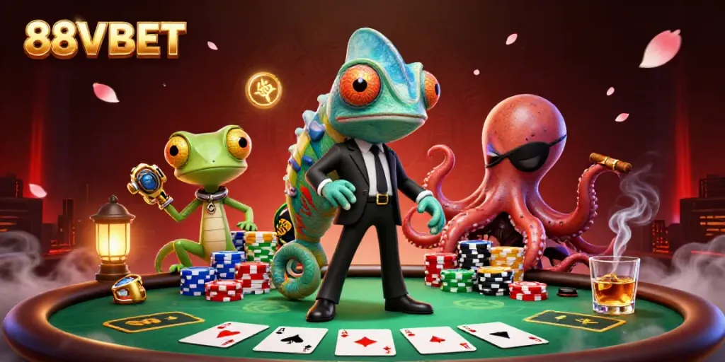 Engage with 88VBET in this vibrant casino scene featuring dynamic gambling elements and characters.