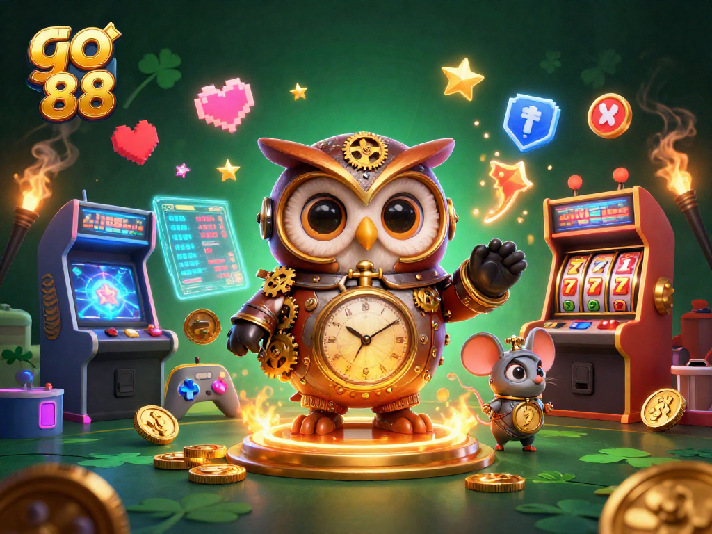 Engage with exciting gaming at go 88, featuring vibrant 3D elements and casino themes in a dynamic illustration.