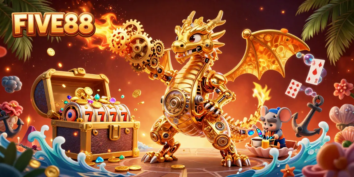 Engage with the immersive FIVE88 online casino experience featuring golden dragon elements and vibrant gaming visuals.