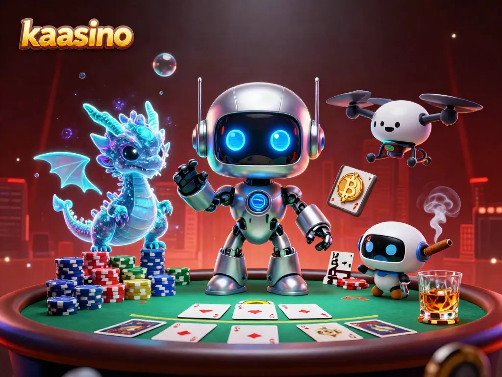 Kaasino delivers thrilling gaming with a cyberpunk robot mascot at a vibrant poker scene.