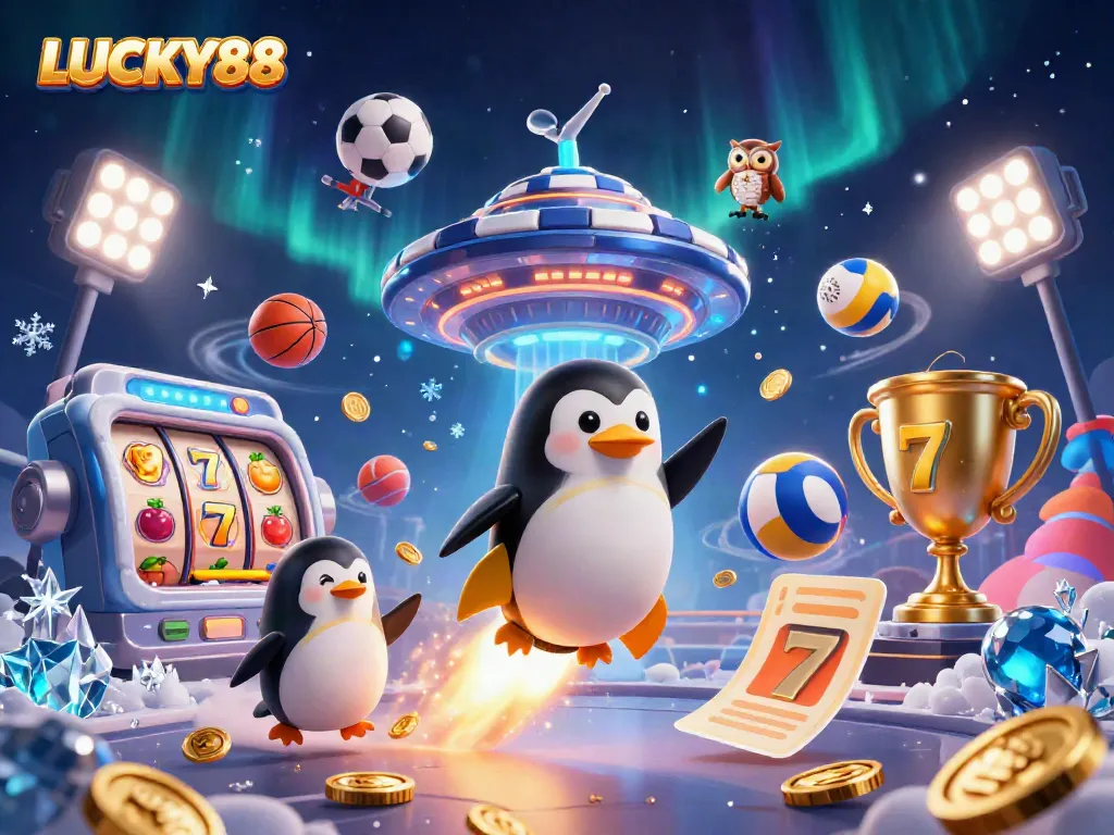 Experience thrilling gameplay with LUCKY88, featuring a golden penguin and vibrant casino elements.