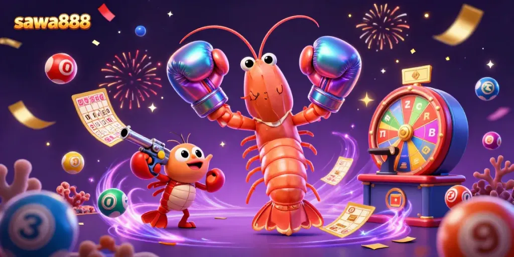 Experience excitement at sawa888 with vibrant characters and dynamic casino elements in this 3D illustration.