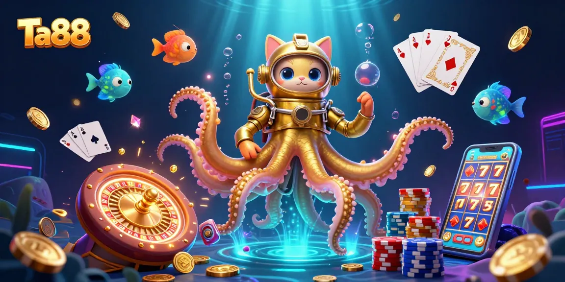 Experience exciting gameplay at Ta88 casino with vibrant 3D illustration featuring a kraken and treasures.