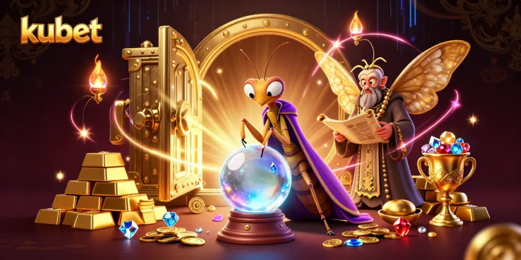 Kubet players engage in thrilling online gaming, surrounded by vibrant riches and animated characters