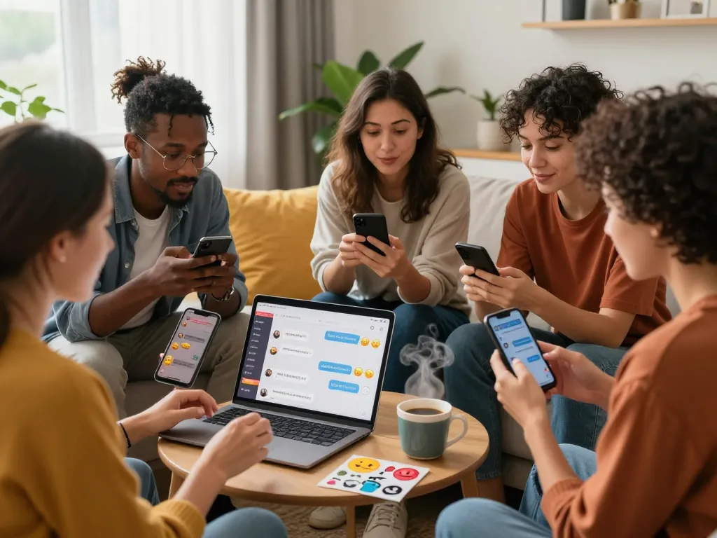 Engaging adults in an intimate sex chat session on laptops and smartphones in a cozy living room.
