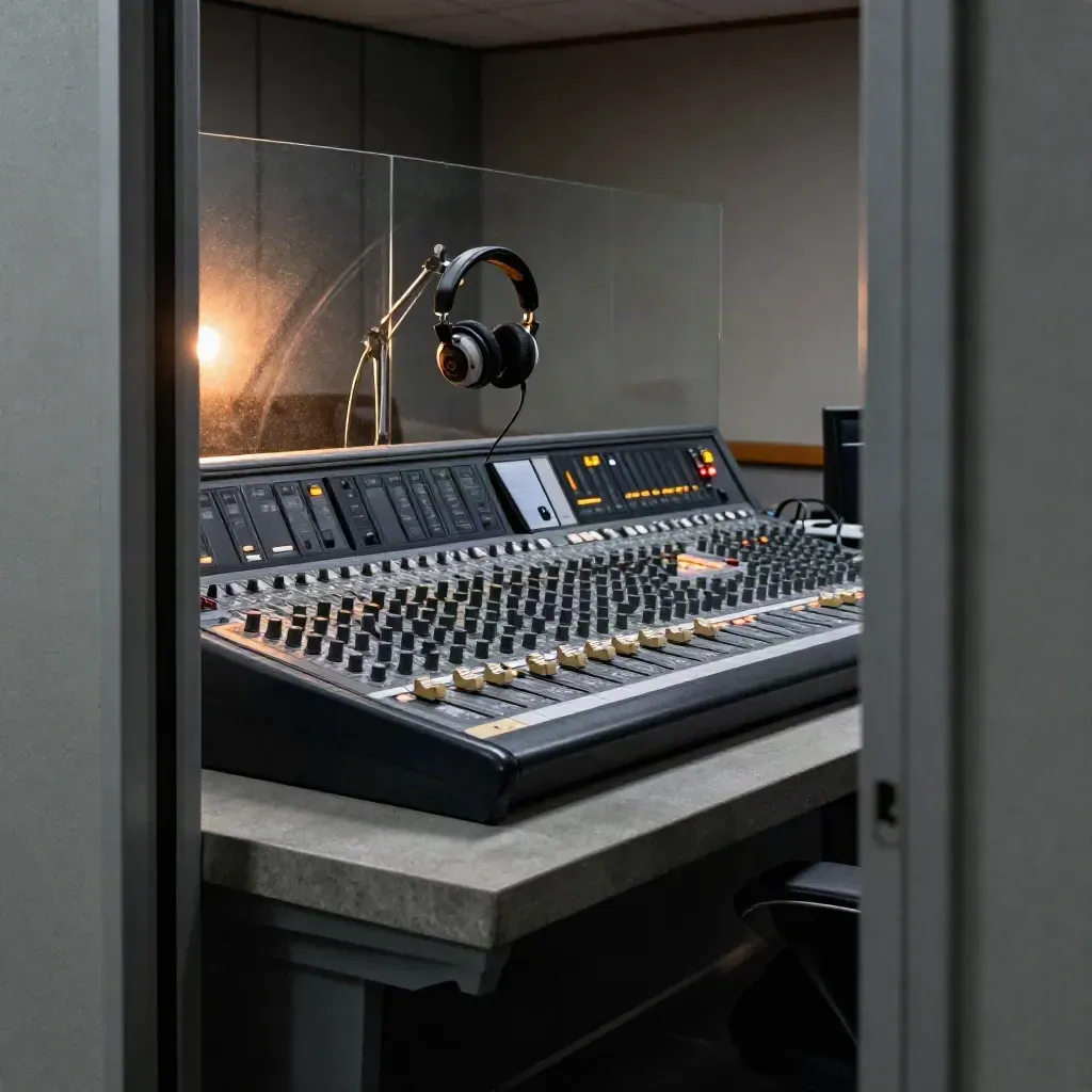 Radiostudio achter glas met mengtafel, koptelefoon en nagloeiende lampjes.