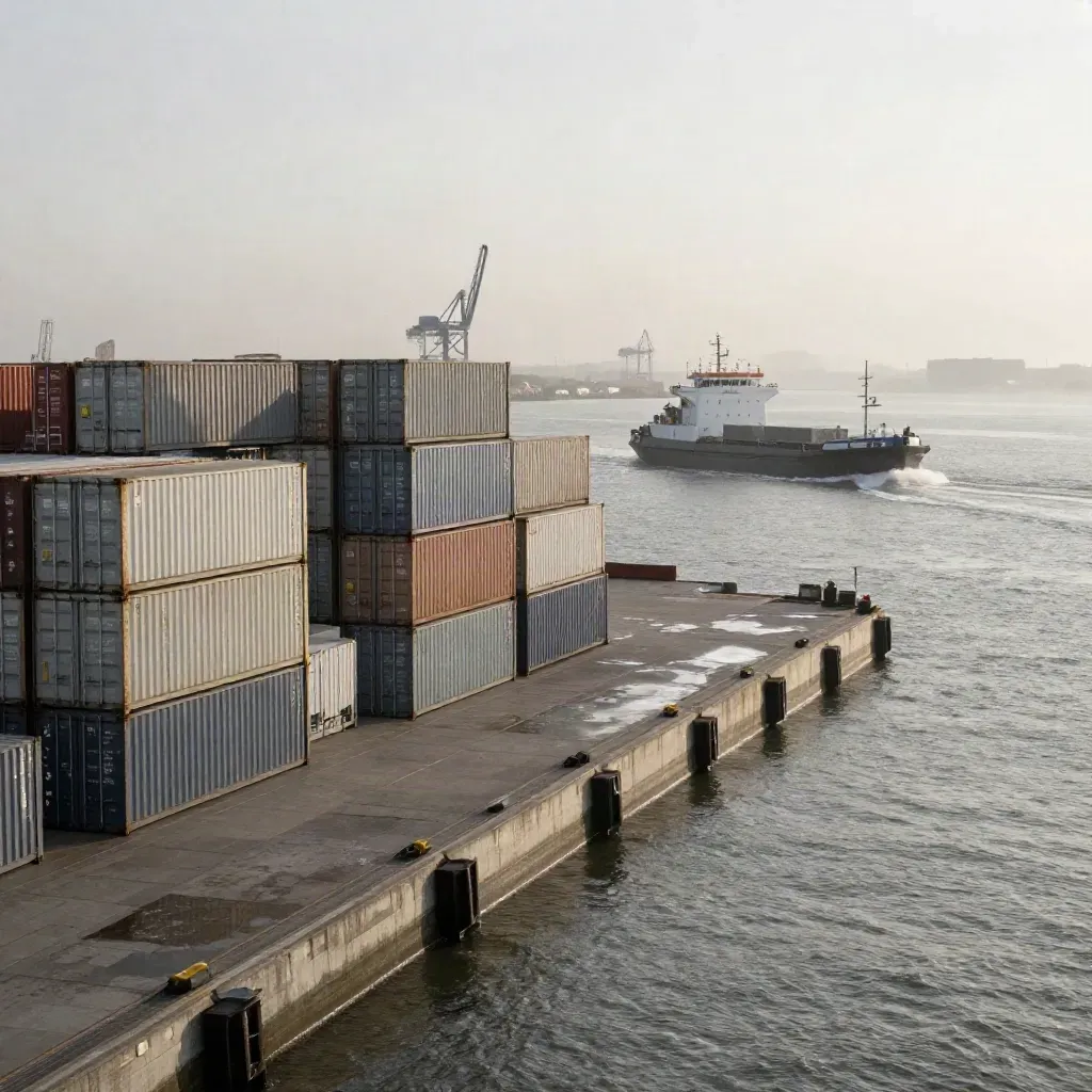 Rotterdamse haven met containers, brede kade en duwbak in grijze zeemist