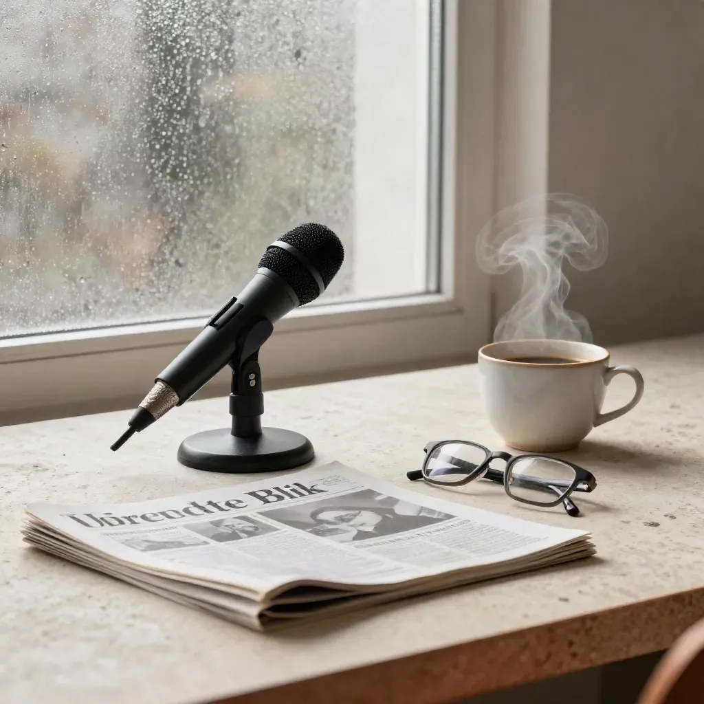 Microfoon, tablet, proefspreads, bril en koffiebeker in warm newsroomlicht bij beslagen raam.