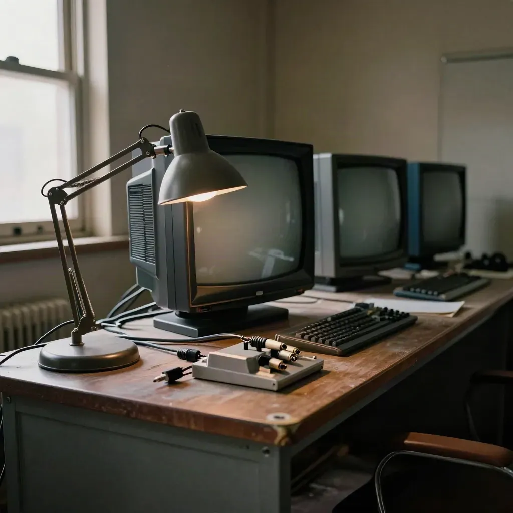 Lege tv-editbay met drie donkere schermen, lamp en kabels in zacht zijlicht.