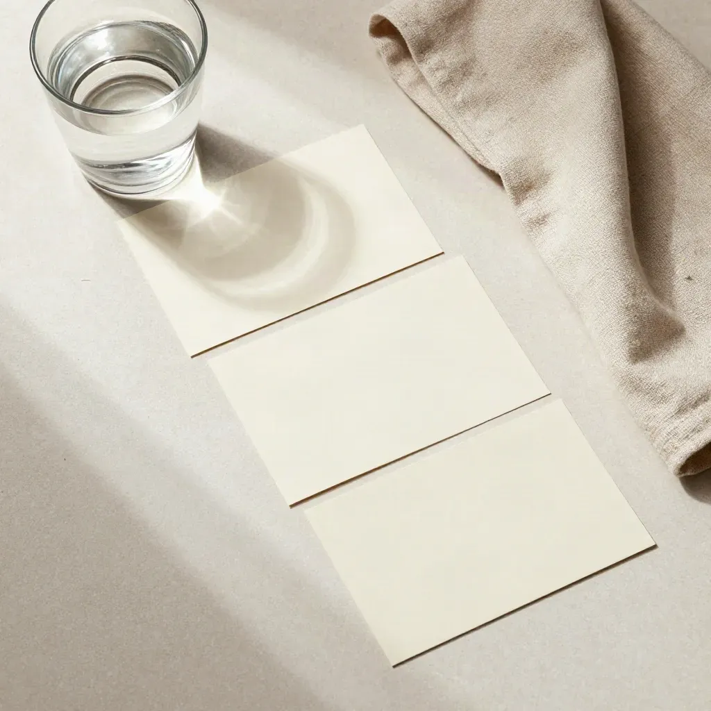 Vier notitiekaartjes, een glas water en een opgevouwen linnen doek op een lichte tafel.