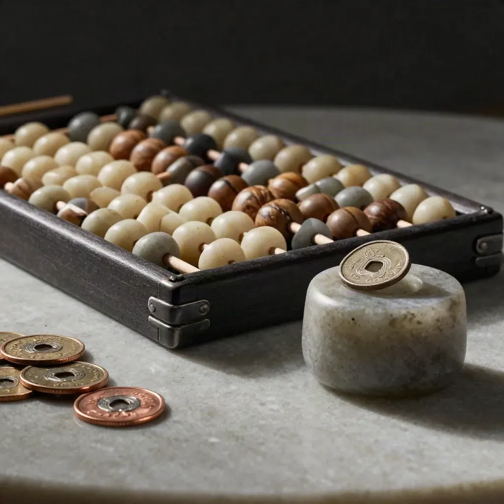 Abacus, munten en stenen paperweight in schuin laag licht op een grijze tafel.