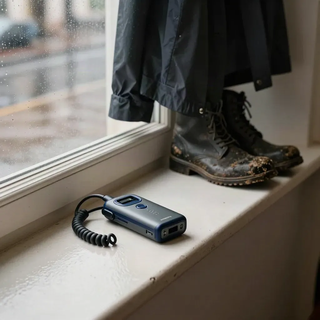 Veldrecorder, regenjas en natte laarzen drogen naast een beslagen vensterbank na de regen.