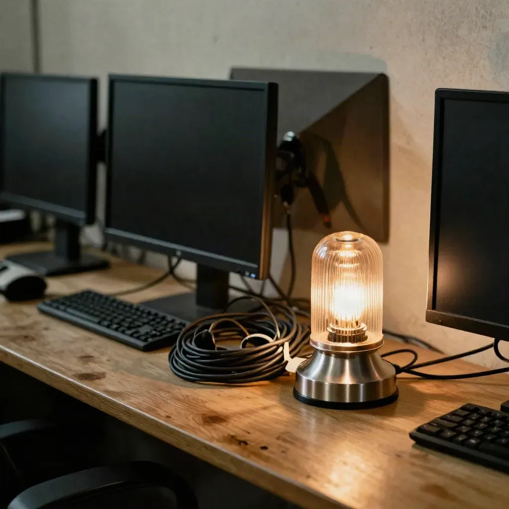 Stille newsroomhoek met dichte schermen, kabelbundels, lamp en houten werktafel.