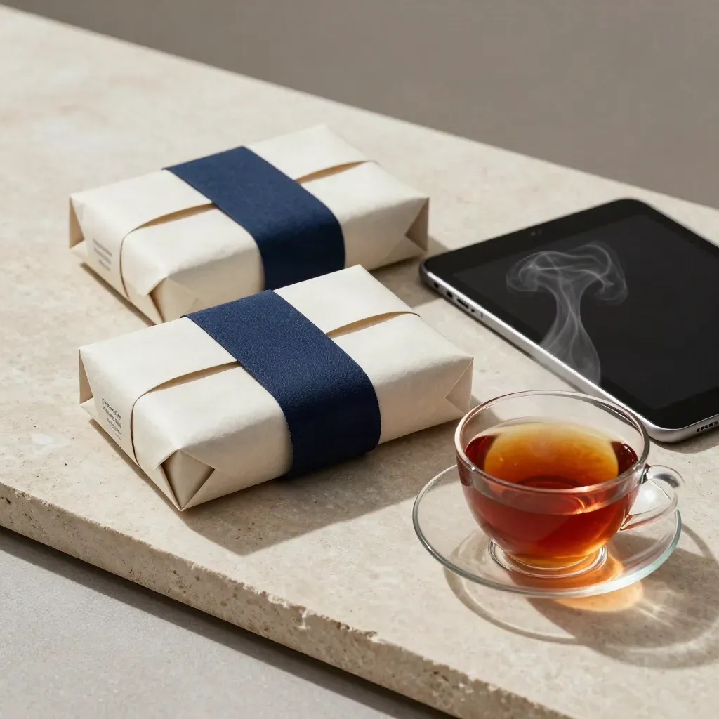 Vier gesloten bundels, tablet met zwart scherm en dampende thee op een kalkstenen blad.