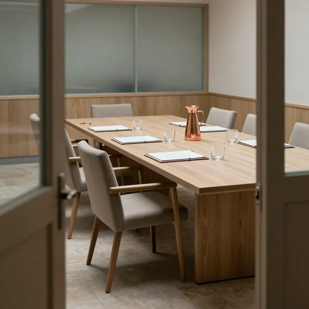 Lege ministeriële vergaderkamer met diagonale tafel, gesloten mappen en koperen accenten.