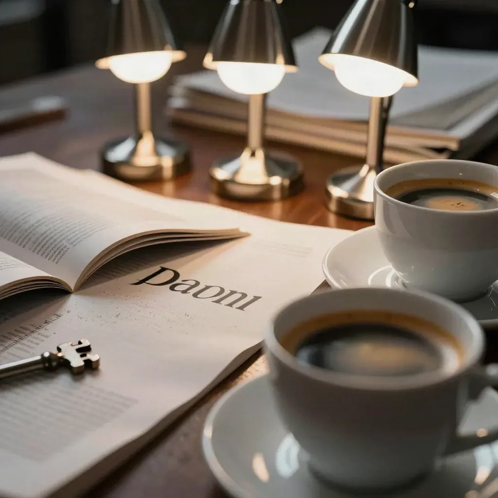 Drie brandende bureaulampjes boven proefvellen en twee koffiekoppen op een donkere tafel.