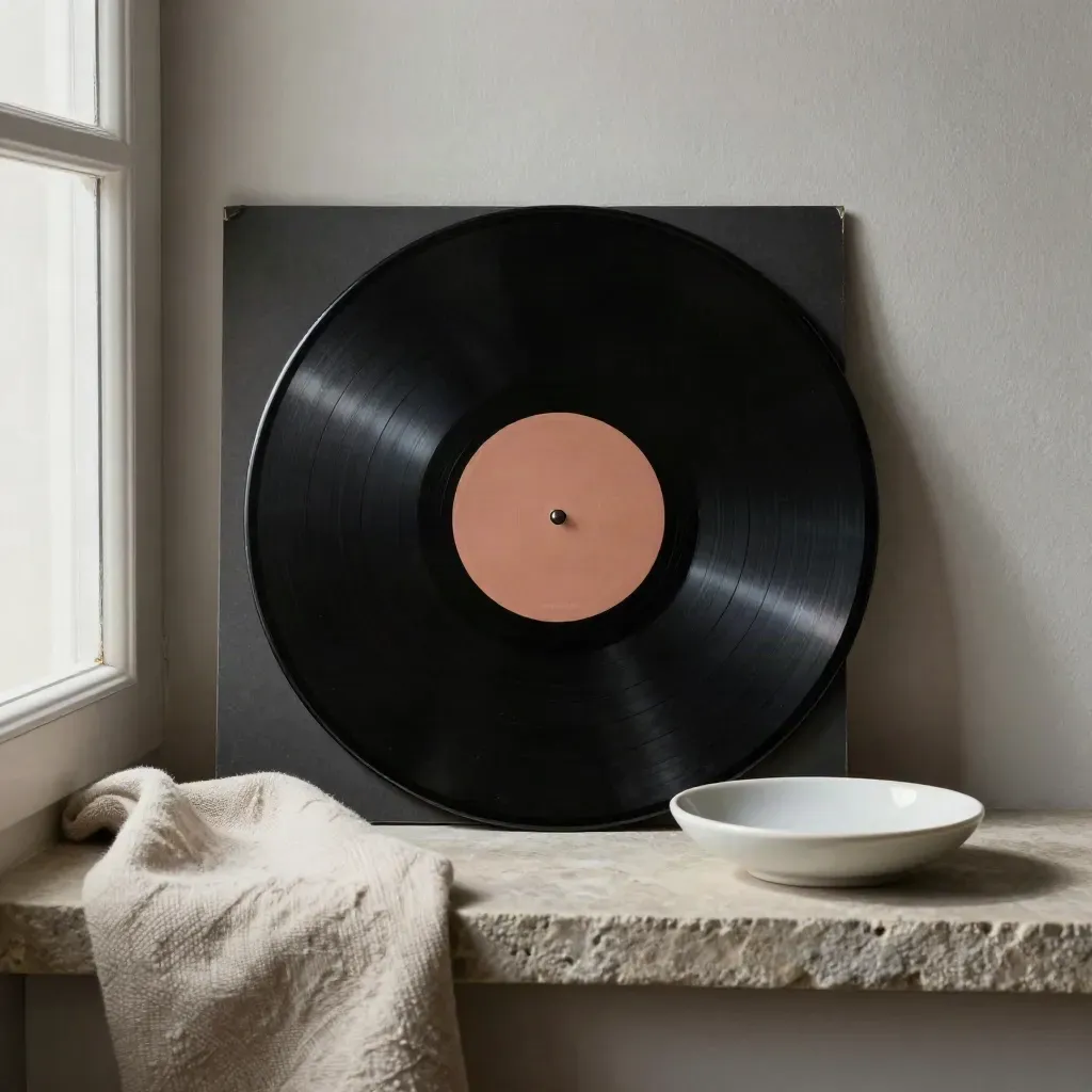 Zwarte vinylplaat half uit de hoes met linnen doek en keramisch schaaltje op een stenen plank