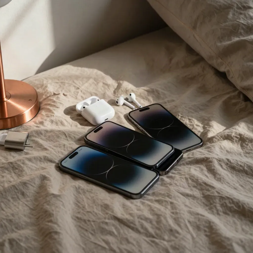 Drie smartphones en oordopjes op een gerimpeld bedsprei in ochtendlicht.