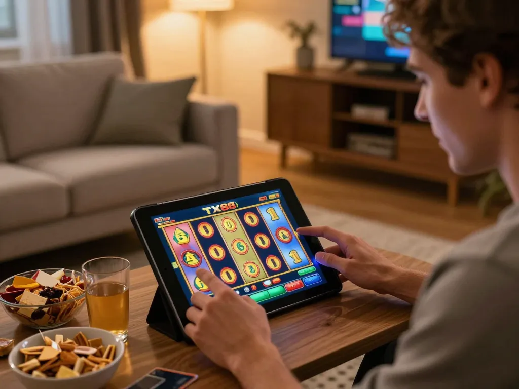Engaging player spinning TX88 slot machine on tablet in a cozy home setting.