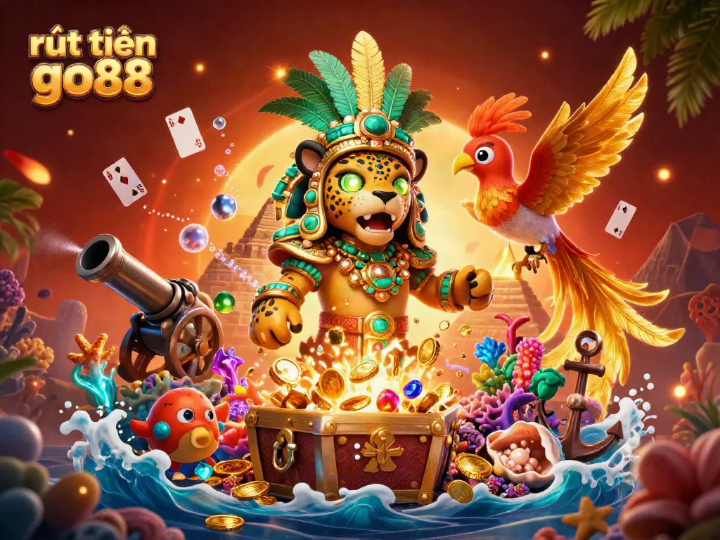 Win big with rút tiền go88 as gold coins and gems burst from a treasure chest in an exciting 3D casino scene.