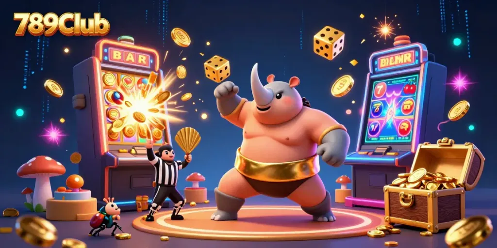 Play casino games with 789Club's engaging 3D sumo beetle scene exploding with coins and excitement.