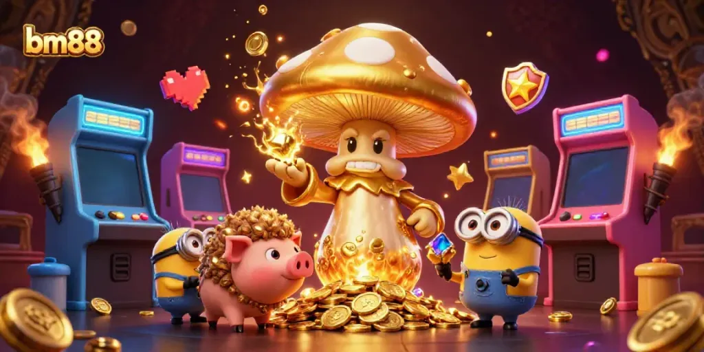 Engage in thrilling gameplay with bm88, featuring a golden mushroom wizard, treasure hunting, and dynamic casino elements.