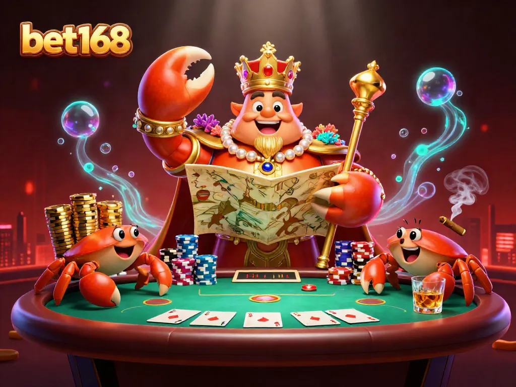 Bet168 showcases an exciting 3D crab emperor in a vibrant casino scene overflowing with poker excitement.