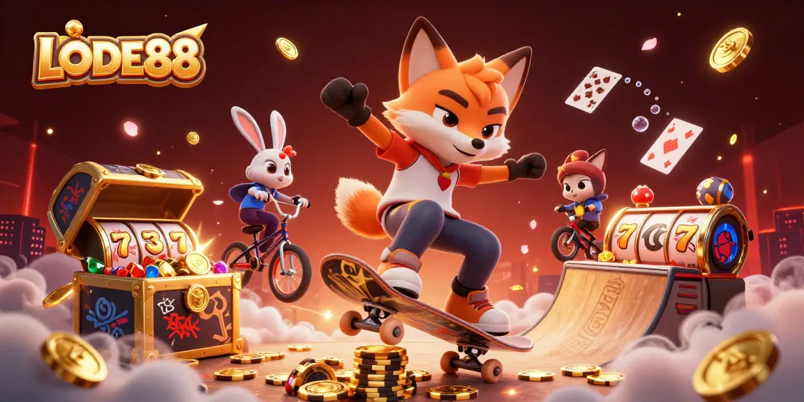 Experience thrilling gameplay at LODE88 with vibrant casino scenes featuring 3D characters performing amazing tricks.