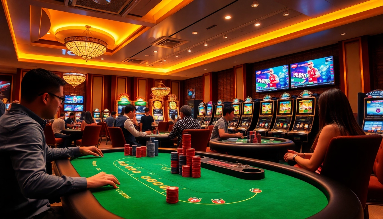 Betting action at DU88 featuring colorful poker chips and vibrant slot machines in a modern casino.