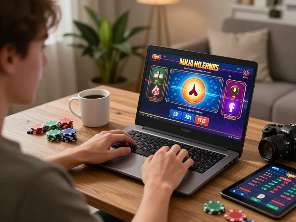 Engaging online gaming experience at home with win888 on laptop screen and vibrant graphics.