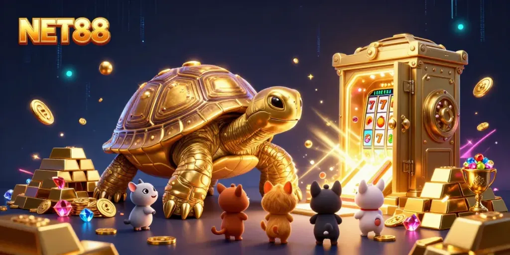 Exciting scene at NET88 showcasing a gambling universe filled with treasures and characters.