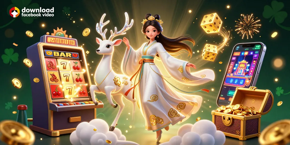Experience the thrill of downloading Facebook videos easily with a visual of a vibrant 3D casino and jackpot scene.