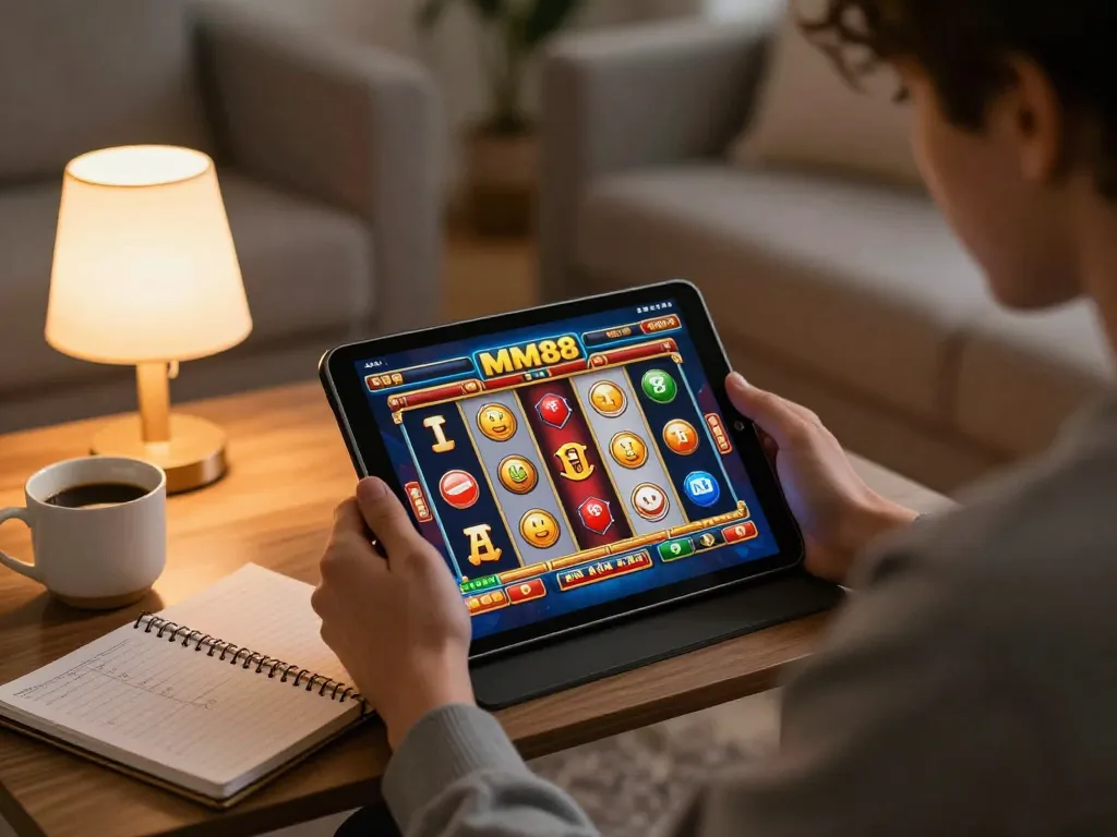 Player enjoying a successful moment on the MM88 casino app's slot game, celebrating a win.