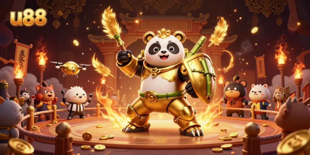 Experience thrilling gameplay at u88 with energetic panda robots and a lively casino arena