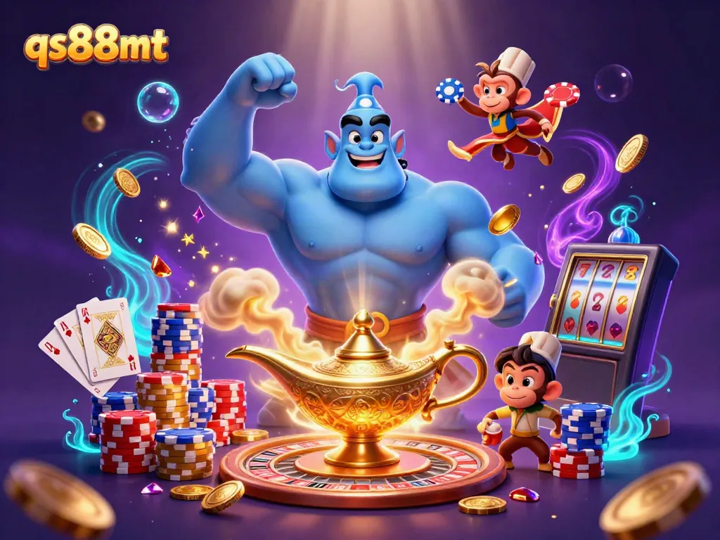 Engage in thrilling casino action with qs88mt and the Genie amidst golden coins and poker chips.