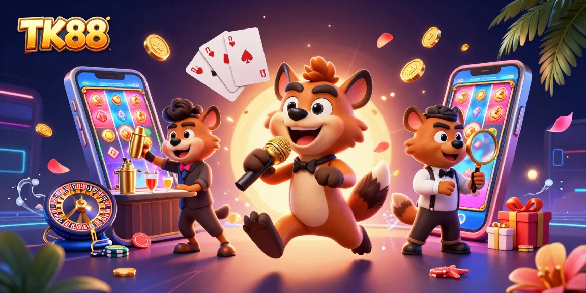 Experience TK88's vibrant casino atmosphere with a lively hyena comedy club and engaging gaming elements.