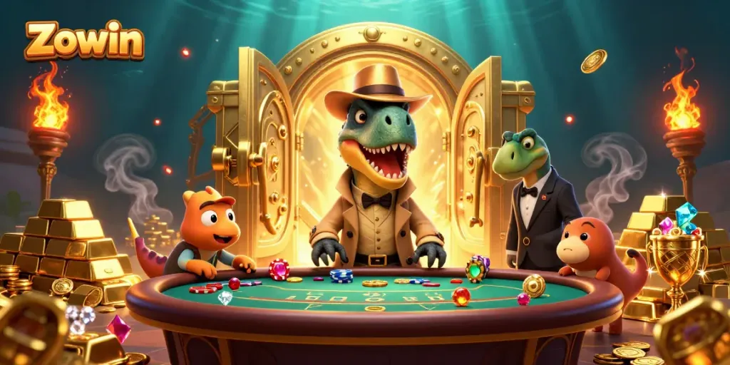Experience thrilling gameplay at Zowin with cartoon dinosaurs at a blackjack table.