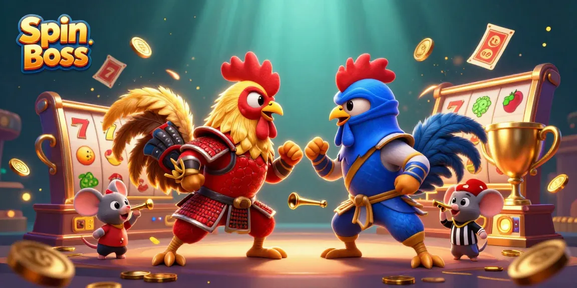 Experience thrilling gameplay at Spin Boss with vibrant slot reels and dynamic action from cartoon roosters.