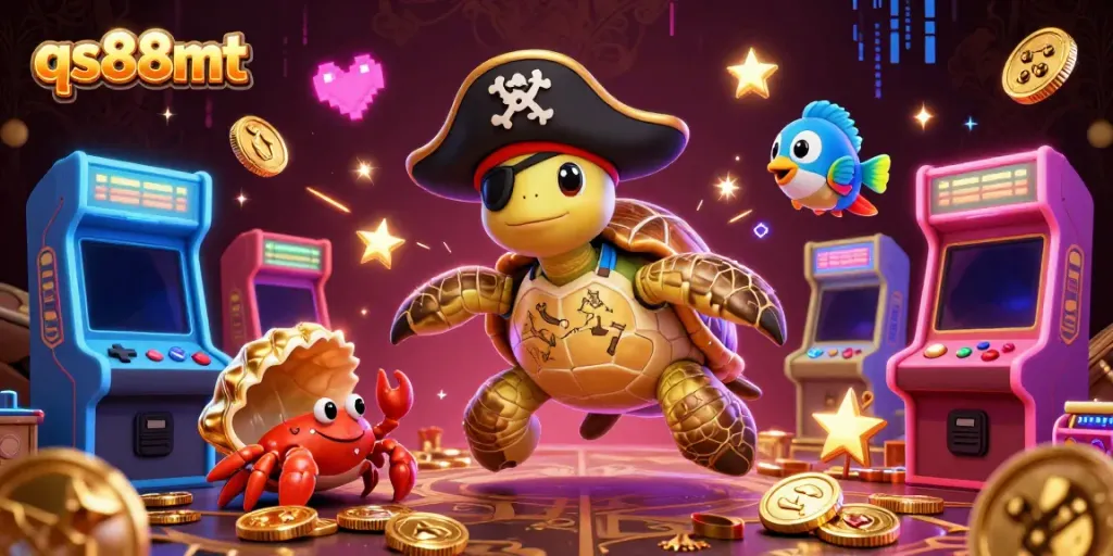 Experience excitement at qs88mt with a pirate turtle and friends amid vibrant casino motifs.