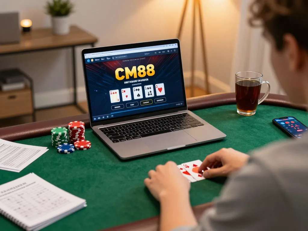 Engaging online poker gameplay on CM88 interface in a cozy home setup.