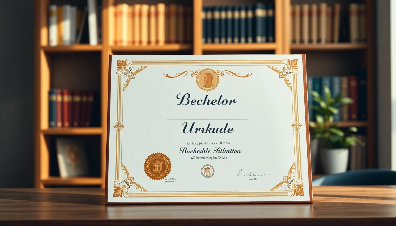 Detailed view of a bachelor urkunde certificate with elegant design and a gold seal on a wooden desk.