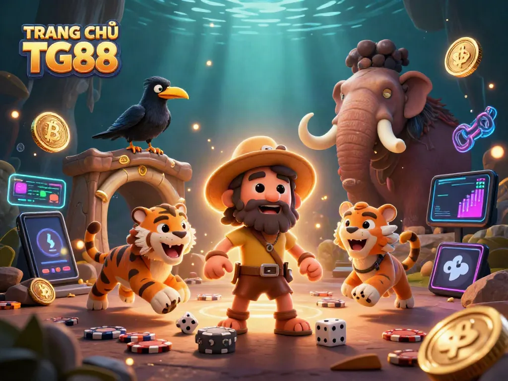 Experience the excitement of TRANG CHỦ TG88's casino scene with caveman and tiger duo rolling dice.